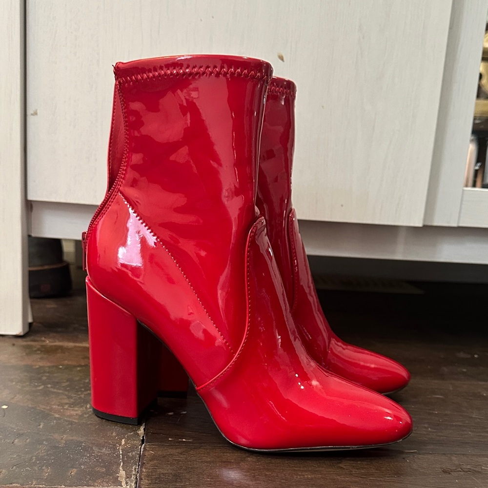 Red Patent High Block Heel Ankle Boots - Women